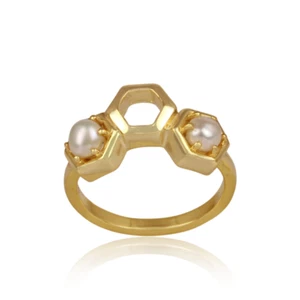 Honeycomb Shape Ring 18k Gold Plated 925 Silver Mother's Day Pearl Gift Jewelry - Picture 1 of 6