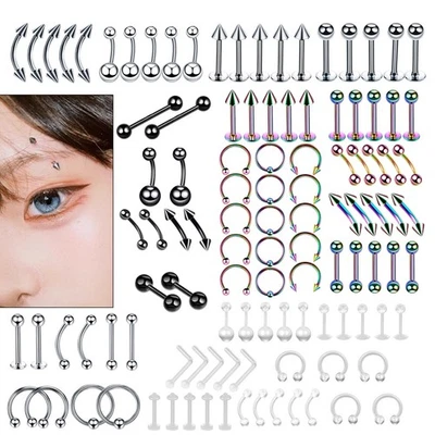 110PCS Mixed Body Piercing Kit Surgical Steel Tongue Eyebrow Nose Lip Ring 16G - Image 1 of 4