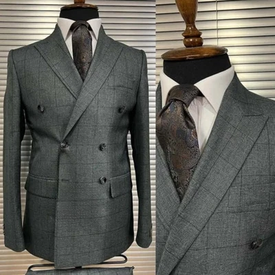 Traje a Cuadros Gris para Hombres Chaqueta Doble Pecho Solapa Pico Fiesta Negocios Foto 1 de 4