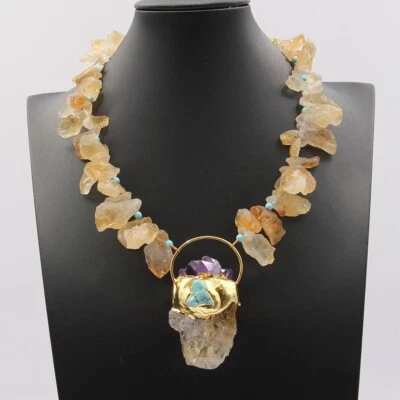 Yellow Citrine Topaz Rough Beads Necklace Gold Plated Amethyst Turquoise Pendant - Image 1 of 4