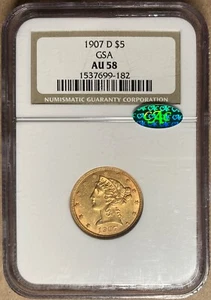1907-D NGC & CAC AU58 Liberty Head Half Eagle $5 Gold - GSA - Picture 1 of 2