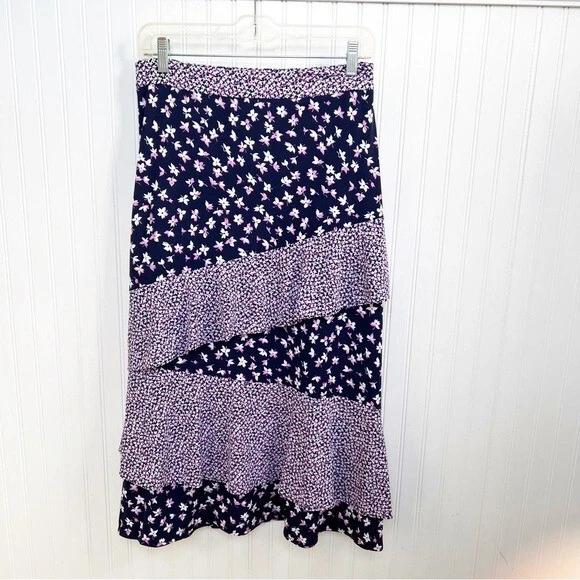 Falda Midi MICHAEL Michael Kors Nueva Con Etiquetas Azul Marino y Rosa Floral En Capas Volantes XL Foto 1 de 4