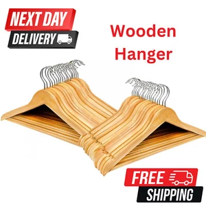 40 x WOODEN COAT HANGERS SUIT GARMENTS CLOTHES WOOD HANGER TROUSER BAR SET - Picture 1 of 2
