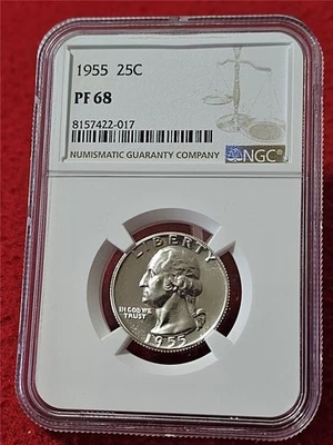 1955 PROOF WASHINGTON SILVER QUARTER   NGC PF 68    NO SPOTS              #T6119 - Image 1 of 2