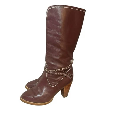 Botas boho discoteca vintage años 70 80 ZODIAC Rumania cuero rojo tacón trenzado acento 6,5 Foto 1 de 4