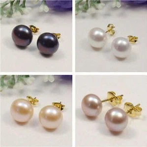 Natural 7-12mm Freshwater White Black Pink Purple Gray Pearl Stud Earrings - Picture 1 of 11