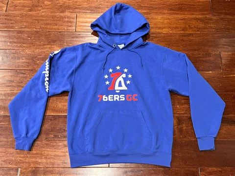 Vintage Champion NBA Philadelphia 76ers Adult Blue Red White Bell Logo Hoodie M Cover
