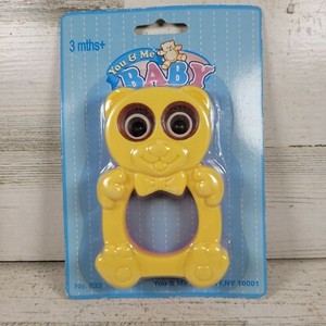 VTG You and Me Plastic Baby Rattle Toy 1980s NOS Still On Card Yellow Pink Bear 