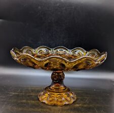 Vintage LE Smith Amber Moon & Stars Footed Cake Plate Scalloped Edge 11”