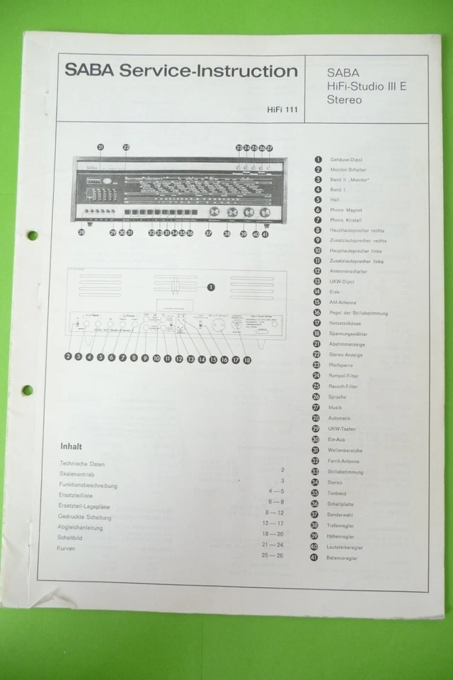 Service Manual Instructions for Saba Hifi Studio III E Stereo, Original - Bild 1 von 1