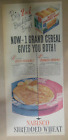 Reklama zbóż Nabisco: 2 w 1 rozdrobniona pszenica zbożowa lata 1950. Rozmiar: 7,5 x 15 cali