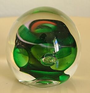 Rollin Karg Art Glass Paperweight Controlled Bubble Swirl With Green Flakes