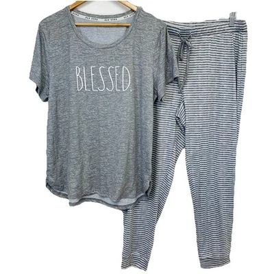 Rae Dunn 睡衣套装祝福女人 XL 灰色条纹弹力柔软休闲舒适 — 第 1/4 张图片