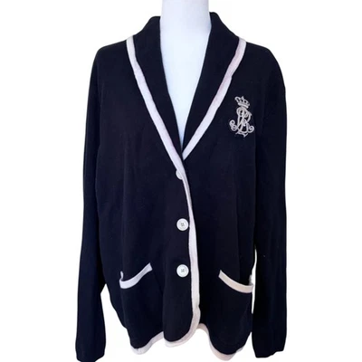 Blazer Lauren Ralph Lauren Crown Crest Logo Tejido Algodón 3X Blanco y Negro Foto 1 de 4