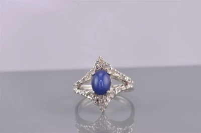 Anillo de plata esterlina azul ovalado zafiro marco texturizado banda abstracta 925 talla: 7 Foto 1 de 4