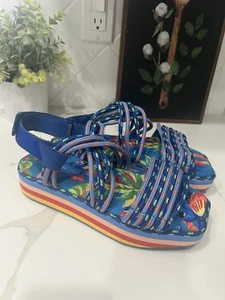 Farm Rio women platform adjustable sandal Macaw blue open toe US 9 EU 40 EUC - Picture 1 of 10