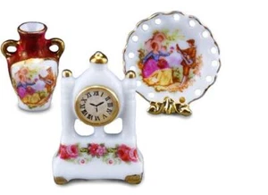 Mantel Clock Set 1.612/6 Reutter Plate, Red Lustre Vase DOLLHOUSE Miniature - Picture 1 of 2