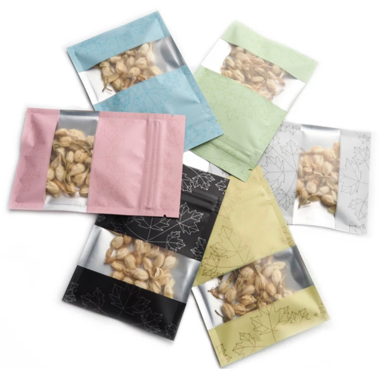 Printed Mylar Flat Zipper Bags With Maple Leaf  Window Heat Seal Pouches 100 Pcs - Image 1 of 1