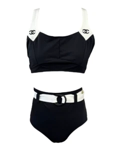 CHANEL Vintage CC Mark Bicolor Swimsuit Bikini #42 Black White Nylon Rank AB - Picture 1 of 11