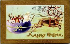 Lamb Rabbit in Egg Happy Easter Reindeer Christmas goldtone postcard embossed