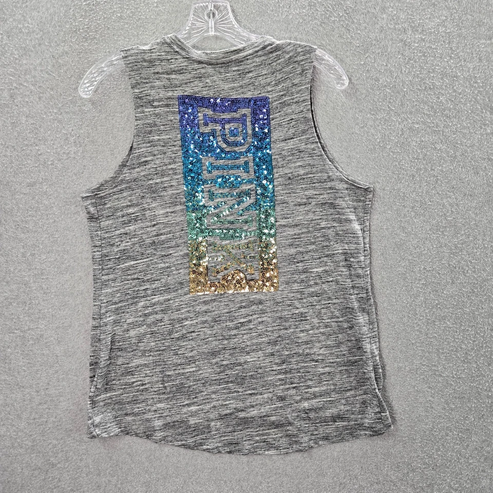 Camiseta sin mangas ROSA Victoria's Secret para mujer pequeña gris lentejuelas parpadeo logotipo ombre Foto 1 de 4