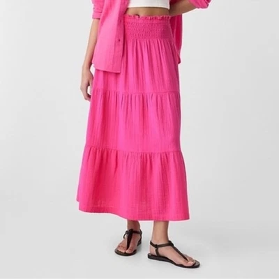 GAP MUJER ROSA CINTURA ALTA MAXI FALDA ALGODÓN GASA XS Foto 1 de 4