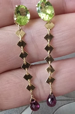 Pendiente de oro macizo amarillo de 14K en peridoto de 2 quilates y granate colgante TW 1,84 gms Foto 1 de 4