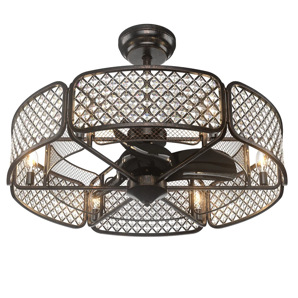 Costway 30" Caged Ceiling Fan w/ Light Crystal Lampshade 6 Light Bases Coffee