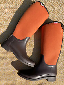 Hunter Exclusive Bessy Burnt Orange Dark Brown Rain Boots With Zip Size US 6M/7F