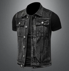 Mens Black Denim Jean Jacket Coat Sleeveless Waistcoat Pockets Button Vest Punk - Picture 1 of 8