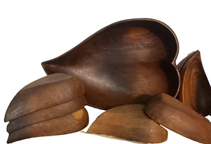 Vintage Hand-Carved WOODEN SALAD BOWL SET 14" Serving + 7 Bowls Shell Shaped - Picture 1 of 15