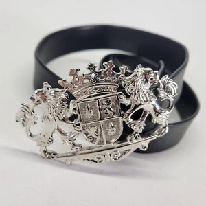 Prancing Lion Belt One Size Waist Fleur De Lis Buckle Family Crest Black Vtg - Picture 1 of 11