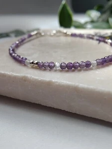 Dainty Amethyst Gemstone & Silver beads, Grade AAA,  February Birthstone - Picture 1 of 6