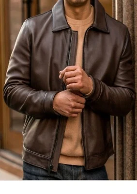 Men's Leather Jacket Flight Bomber Coat Brown Lined 100% Genuine Leather Jacket - Image 1 of 4