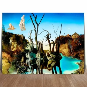 SALVADOR DALI SWANS REFLECTING ELEPHANTS CANVAS PRINT SURREAL ART - 24x18" - Picture 1 of 1