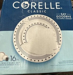 ⚡️Corelle Classic City Block 16pc White & Black, Dinnerware Set 🆕Distressed Box - Picture 1 of 3