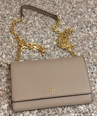 Tory Burch Robinson 皮革链条钱包单肩包棕褐色金色斜挎包手拿包 — 第 1/3 张图片