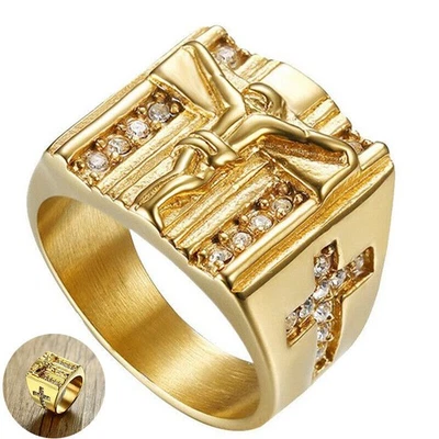 Anillo crucifijo 45121 para hombre tamaño acero inoxidable hombre Jesús acero para astilla oro Foto 1 de 4