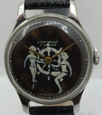 复古旧手表 Sportivnie 艺术品 苏联彩绘表盘 苏联复古 60 年代 已维修 — 第 1/4 张图片
