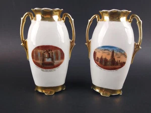Vintage Small Vase Set Philadelphia PA Liberty Bell City Hall Porcelain Souvenir - Picture 1 of 9
