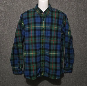 LL Bean Flannel Shirt Mens Medium Blue Green Yellow Scotch Plaid Traditional Fit - Picture 1 of 9