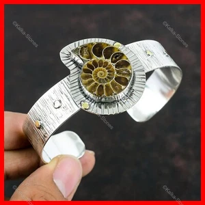 Venta de San Valentín Brazalete de Cumpleaños con Bisel de Piedra Fósil de Amonita Plata de Ley 925 - Imagen 1 de 6