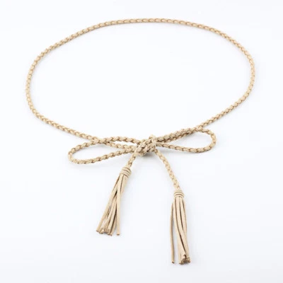 Cinturón de vestir para mujer delgado ajustado con borla trenzada imitación cuero tejido cintura ajustada Foto 1 de 4