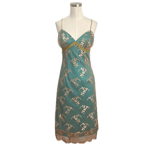 Vintage Y2K Betsey Johnson Turquoise & Gold Sleeveless Midi Dress Mesh Overlay 6