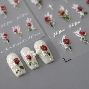 3D Rose Nail Art Stickers White and Red Floral Self Adhesive Decal DIY Decor - Picture 1 of 5