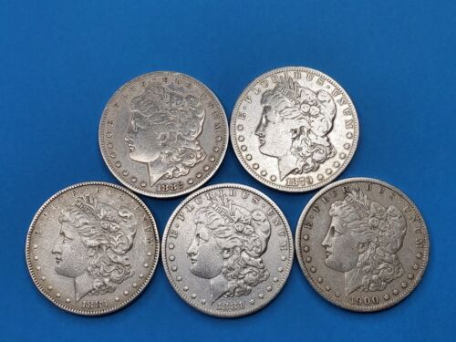 1878-1904 Morgan Silver Dollars F-Vf (Fine-Very Fine) Pre-1921 Lot of 5 Coins