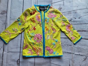Michael Simon Cotton Embroidered Ribbon Neon Green Open front Cardigan M READ - Picture 1 of 13