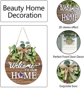 Interchangeable Seasonal Welcome Sign Front Door Decoration, Rustic round Wood W - Picture 1 of 12
