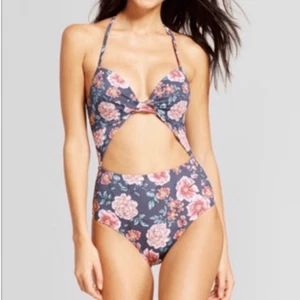 SHADE & SHORE Women’s Gray Floral One Piece with Cut Out Swimsuit Size 34C - Picture 1 of 6