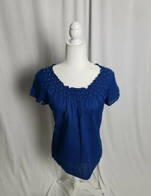 Blusa para mujer Daisy Fuentes manga gorra cuello elástico rebordear azul talla pequeña  Foto 1 de 4